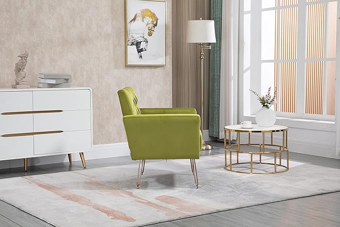 Velvet Accent Chair Upholstered Living Room Accent Armchair Leisure Single Chairs with Rose Golden feet Tufted Sofa Chairs for Home Office Living Room Bedroom Small Space (Olive Green)