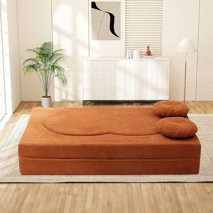 Folding Futon Sofa Bed Modern Convertible Fold Out Chenille Cloud Memory Foam Boneless Floor Lounge Loveseat Sleeper Mattress Sofa Couch with 2 Pillows for Guest Room Living Room Office Orange