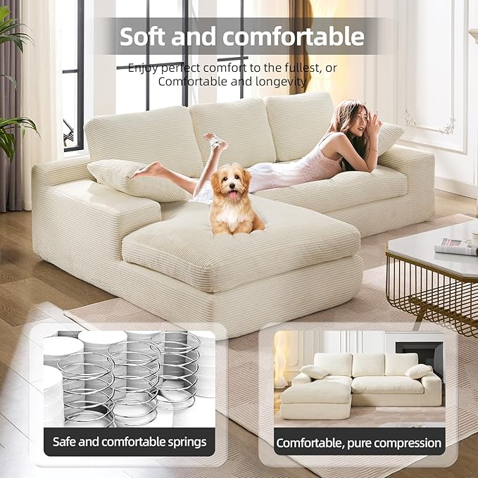 98.4 Cloud Modular Sectional Couch with ChaiseL-Shaped Modern Upholstered Sofa with Deep SeatCorduroy Sectional Couches for Living Room and BedroomNo Assembly Required(Beige)