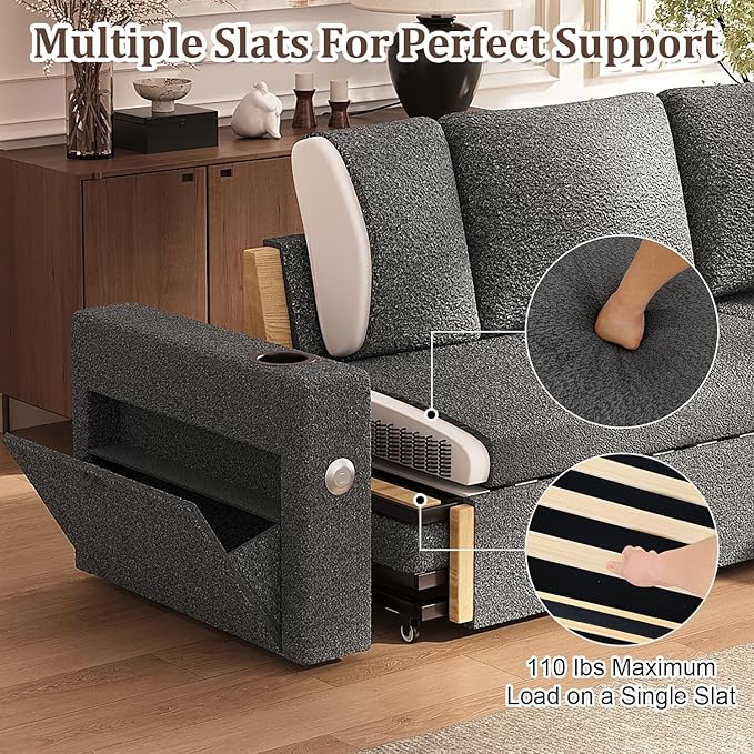 Sleeper Sofa Bed 4-in-1 Pull Out Couch with Reversible Chaise | Dual USB &amp Type-C Charging | Dual Cup Holders | Layered Storage (Armrest + Chaise) for Living Room Apartment Home Office (Dark Gr