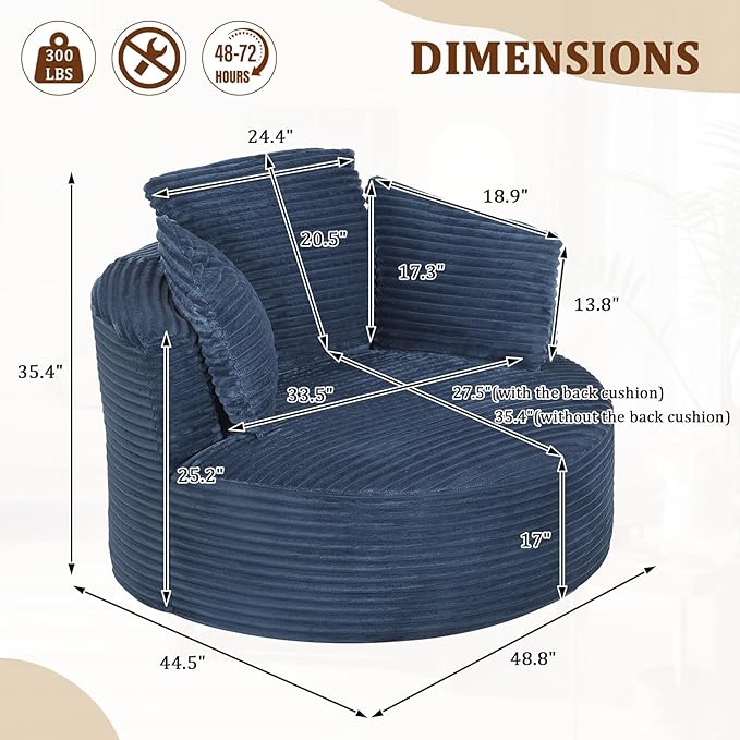 Round Chair Lounge Chaise Indoor 48.8 Oversized Sofa Chair Upholstered Corduroy Deep Seat Sleeper Sofa Bed No Assembly Required for Living Room Bedroom Apartment Blue