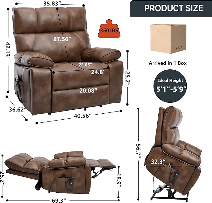 Oversized Power Lift Recliner Chair for Elderly Dual Motor Lift Chair with Vibration Massage &amp Lumbar Heating Standing Assistance Recliner with Cup Holders for Living Room - Faux Leather Brown