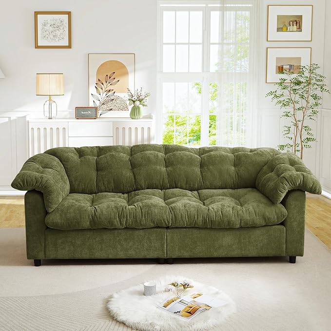 Modern Sofa Couch 94.8 W Chenille Tufted Fluffy Comfy Cloud Couch with Tutfted Design &amp Armrest Pillowchenilles Upholstered Oversized Loveseat Sofa for Living Room Bedroom Office Green