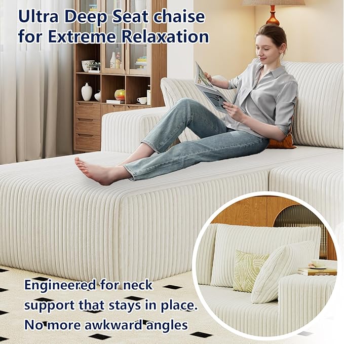 96 Modular Sectional Sofa Modern Corduroy Cloud Couch with Deep Seat Boneless Couch Upholstered 3-Seater L-Shaped Sofa for Living Room No Assembly Required (White Left-Facing Chaise)