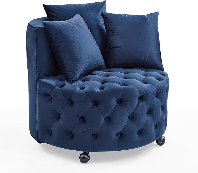Velvet Upholstered Swivel Chair for Living Room with Button Tufted and Movable Wheels Including 3 Pillows Blue