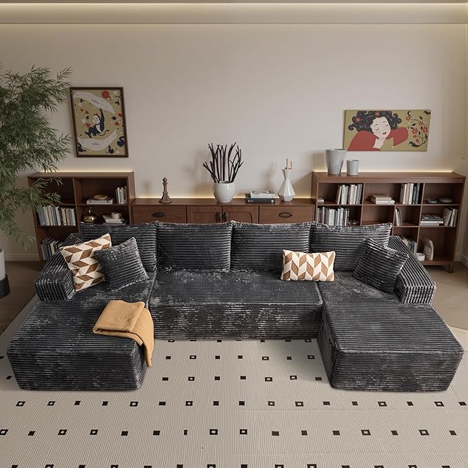 135 U-Shaped Cloud Sectional Couch Plush Corduroy Modular Sofa with Double Chaise No Assembly Deep Seat Boneless Sofa Set for Living Room (Gray U-Shape)