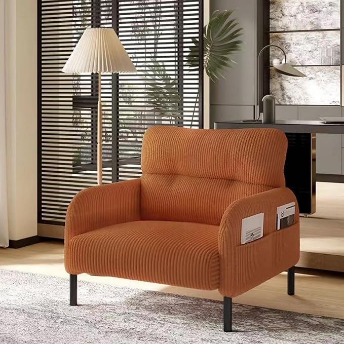Orange Accent Chair - Corduroy Living Room Chairs with Side Storage Pockets and Durable Legs Comfy Arm Reading Chair with Soft Backrest for Bedroom Balcony Study Room