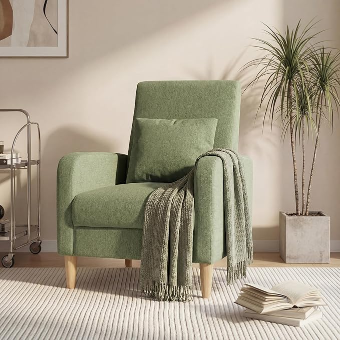 COLAMY Mid-Century Modern Upholstered Accent Chair with Back Pillow &amp Solid Wood Legs Fabric Cozy Armchair for Living Room Bedroom Reading Nook Apartment &amp Small Spaces Green
