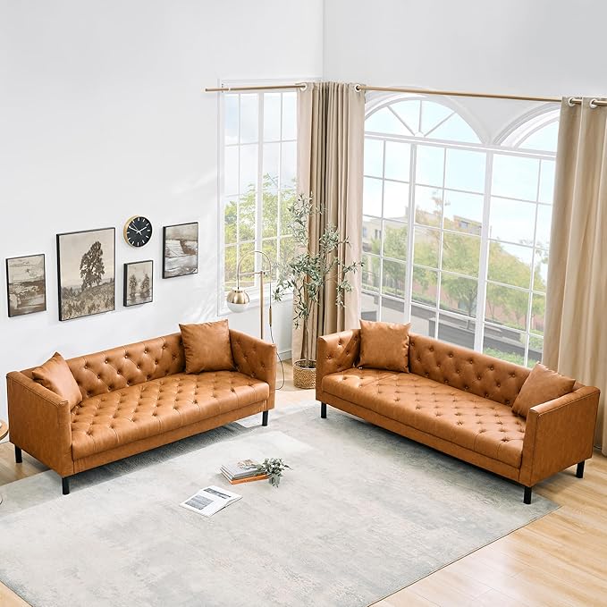 81 Button-Tufted Leather Sofa Mid-Century Modern Chesterfield 3 Seater with Deep Seat and 2 Pillows Ideal Leather Couch for Living Room Apartment and Office Use (Cognac Tan)