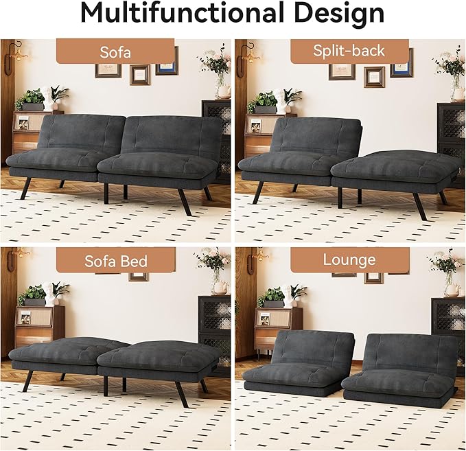 Futon Sofa Bed Convertible Couch Black Linen Sofa Bed with Adjustable Backrest Multifunctional Small Loveseat Sleeper Sofa for Living Room Apartment Office