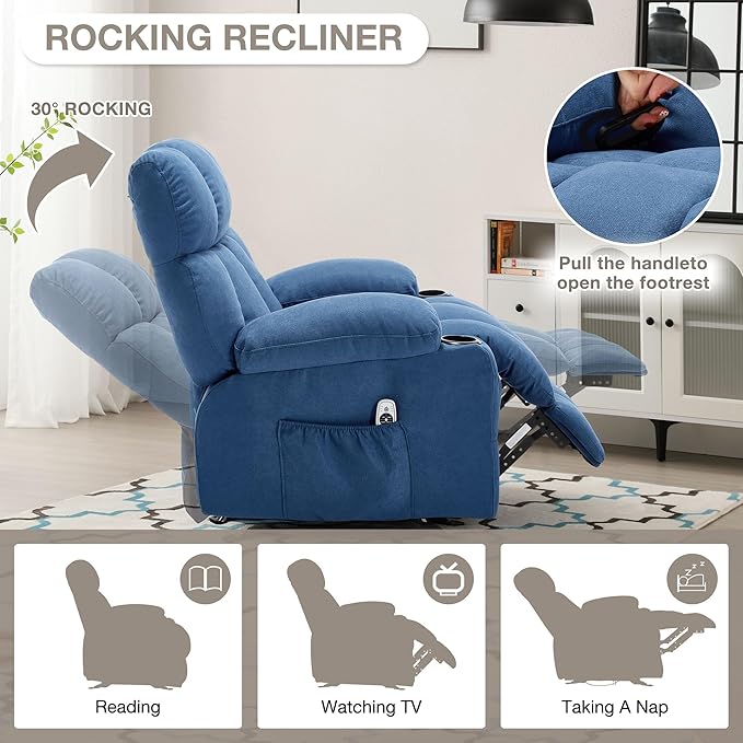 Massage Rocker Recliner Chair with Heat and Vibration Ergonomic Rocking Lounge Chair for Living Room Comfy Overstuffed Recliner with 4 Side Pockets2 Cup Holders USB Charge PortBlue