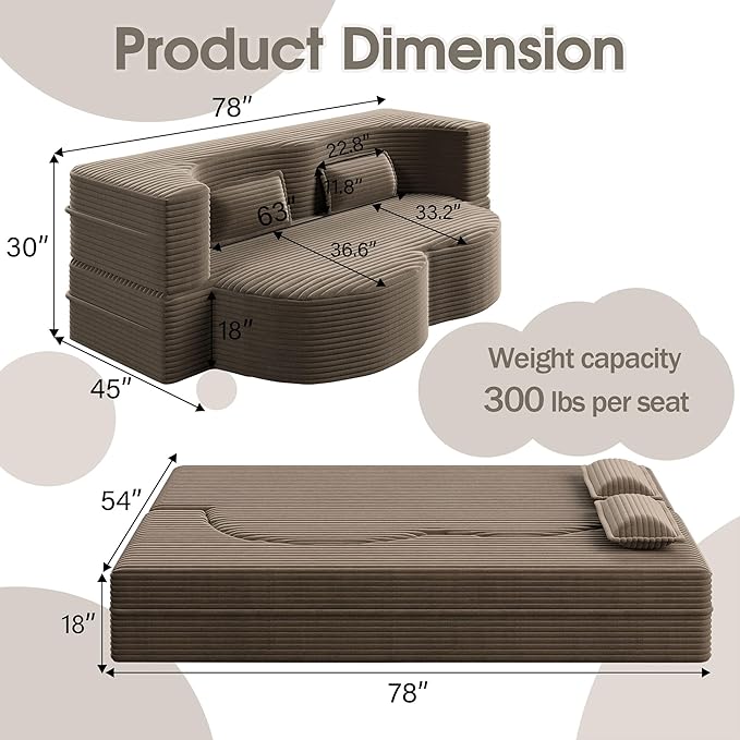 78 Convertible Sofa Bed 2-in-1 Folding Floor Couch with 2 Pillows Sleeper Sofa for Living Room and Bedroom No Assembly Required (Coffee Brown Corduroy Fabric)