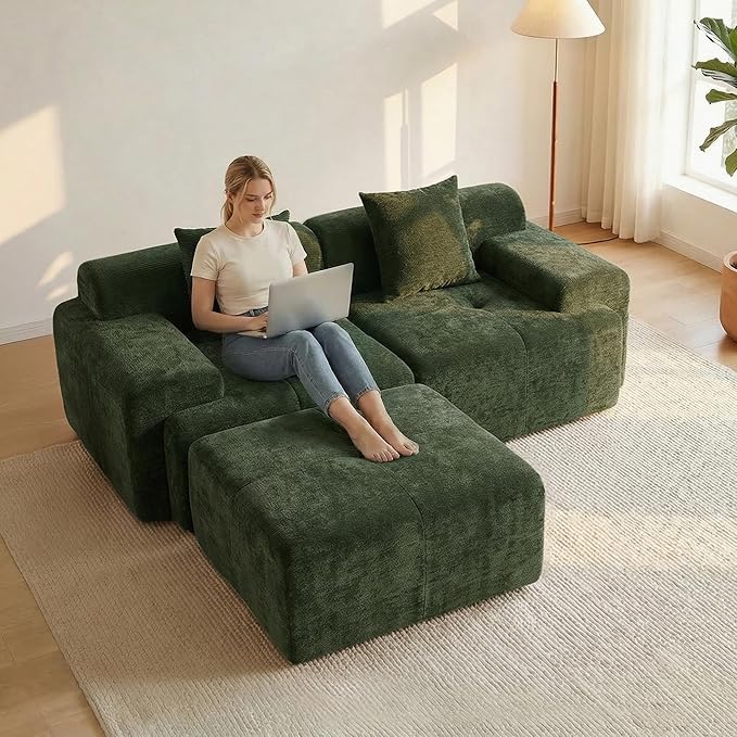 83.5 Modular Sectional Sofa Luxury 32.6 Deep Seat Cozy Cloud Couch L-Shaped Boneless Couches for Living Room Apartment Bedroom No Assembly Required(Green) | 17 Thickened Seat Super Soft Seat