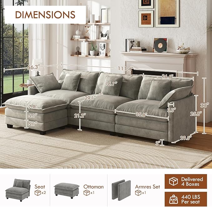 WorthFurni 111.4” Cloud Couch Modular Sectional Sofa Comfy Modern 3-Seater Couches with Pillows &amp Upholstered Deep Seat Cushion for Apartment Living Room Bedroom （Grey）