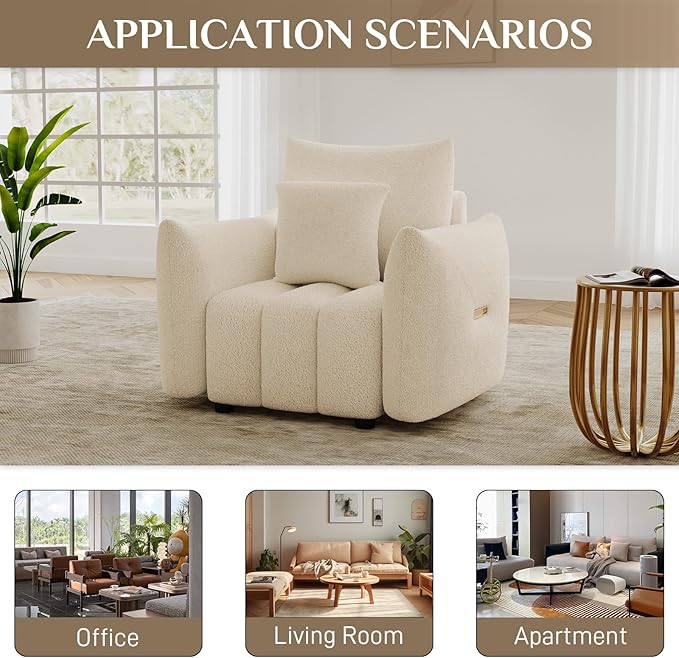 OUYESSIR 38 Modern Accent Single Sofa Chair Comfy Deep Seat Teddy Living Room Chair Leisure Boucle Reading Sofa Arm Chair for Bedroom Office Apartment Light Brown