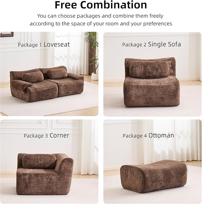 148.2 Boneless Couches for Living Room Set Cloud Modular Sectional Sofa in a Box Memory Foam Modern Couch Big Comfy Compressed Sofas U Shaped Couch with Ottoman Bedroom Apartment Chocolate