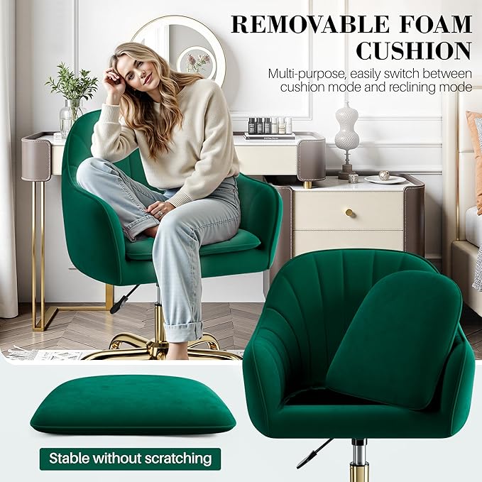 Vanity Chair with Wheels Comfy Home Office Desk Chairs Adjustable Modern Velvet Makeup Vanity Chairs for Bedroom Living Room-Green