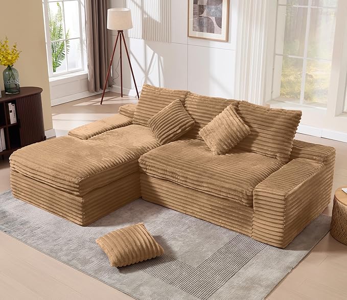 98.8 Cloud L Shaped Sectional Couch with Deep Seat Modern Boneless Compressed Sofa with Chaise 4 Seat Corduroy Couches for Living Room Bedroom No Assembly Required (Brown)