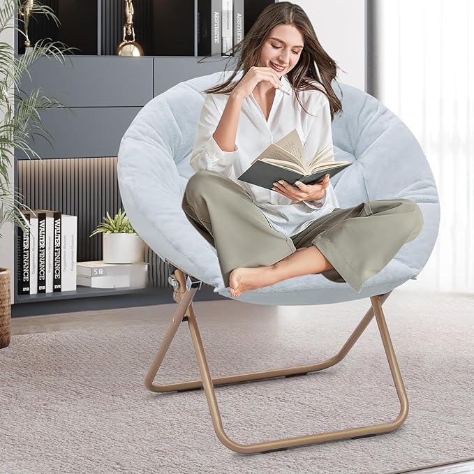 Comfy Saucer Chair Set of 2 Metal Frame Cozy Lounge Lazy Chair Folding Faux Fur Round Saucer Chair for Adults Foldable Papasan Moon Chair for Living Room Dorm Bedroom