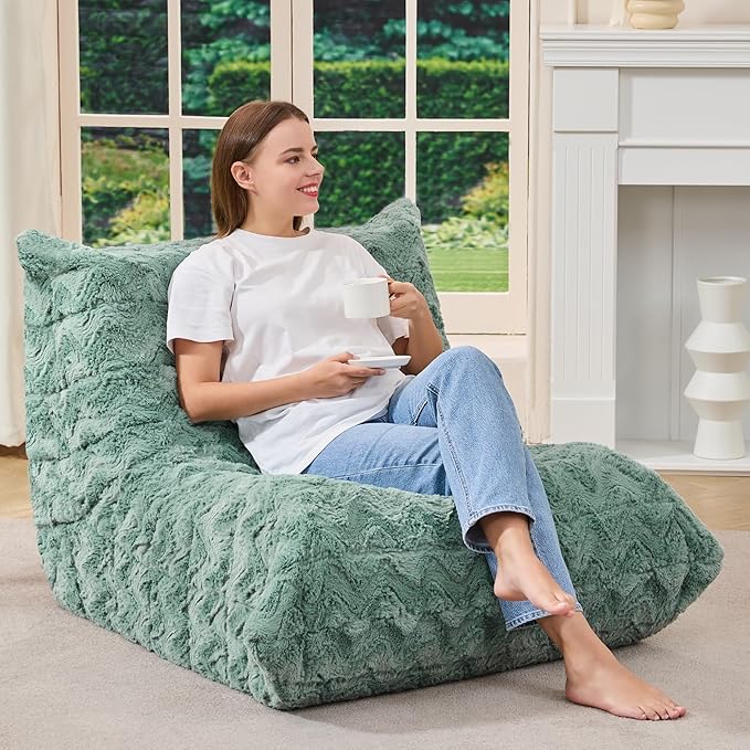 Bean Bag Chairs for Adults Giant Bean Bag Chair Memory Foam BeanBag Chair Bean Bag Sofa with Filler Faux Fur Fireside Beanbags Lazy Sofa for Living Room Bedroom Office (Green Chevron Single)