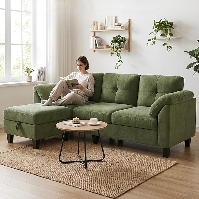 WEUP 79 Convertible Sectional Couch with Storage Ottoman L Shaped Small Sofa 4 Seat Couches for Living Room Apartment Small Space Green