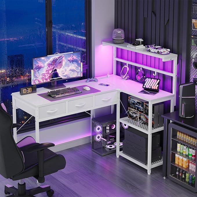Grandder 50 Inch L Shaped Gaming Desk with 3 Drawers &amp Storage Shelves &amp Hutch Computer Desk with USB Ports Study Writing Table for Bedroom Simple Modern Laptop Desk for Home Office White