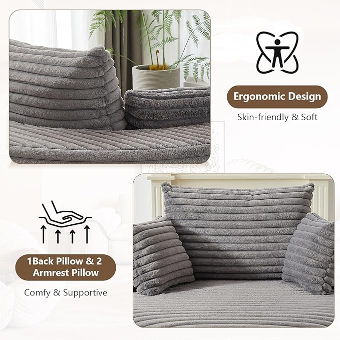 55''W Oversized Round Chair with PillowsComfy Corduroy Single ChairOversized Accent Chair with Deep Seat Modern Large Reading Chairs for Living Room &amp Bedroom (Grey)