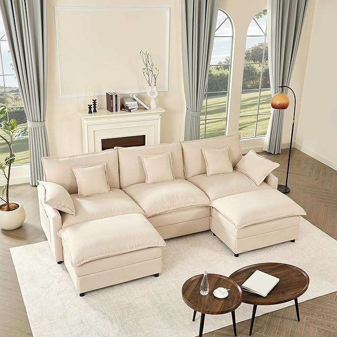 108 U Shaped Couch Modular Sectional Sofa 3-Seater Comfy Cloud Couch Set of Modular Pieces with Movable Ottoman Deep Seat Couches for Living Room Linen Beige