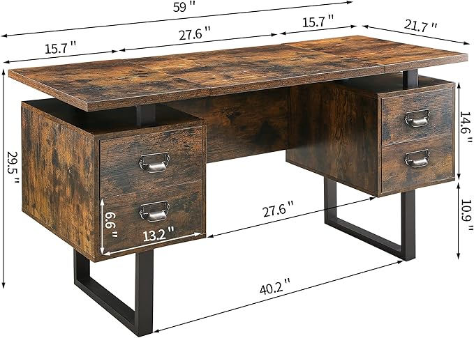 MODERION Computer Desk for Home Office with 4 Large Drawers Rustic Wood Writing Study Table with Metal Frame 59” x 21.7” x 29.5” Easy Assembly Vintage CTSZ20401RC