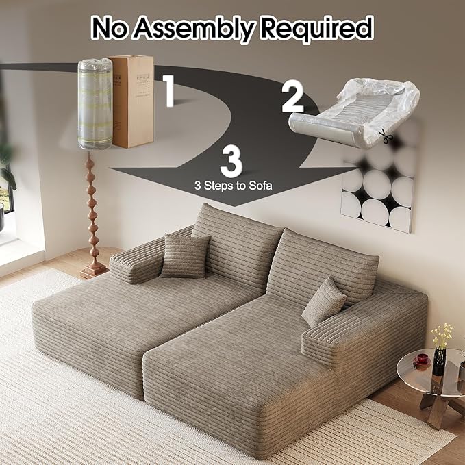 80.3''Oversized Double Lounge Chaise Sofa Bed Boneless Cloud Couch Deep Seat No Assembly Required Modern Corduroy Sleeper Loveseat Chair for Living Room Bedroom Reading (Camel)