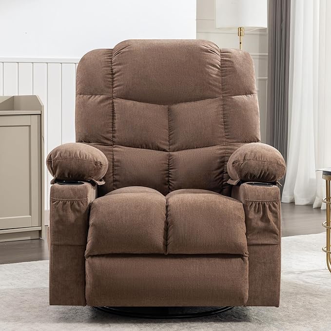 Massage Rocker Recliner Chair with Heat and Vibration Ergonomic Rocking Lounge Chair for Living Room Comfy with 2 Side Pockets 2 Cup Holders USB Charge Port (Brown)