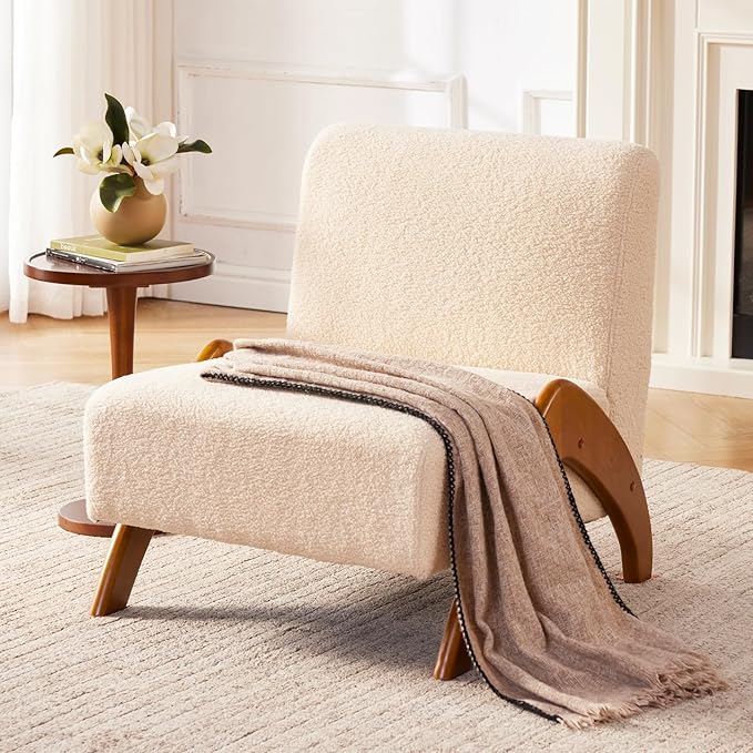 Oversized Accent Chair upholstered armless mid Century Modern Living Room Chair with Wooden Legs for Bedroom/Office/Cafe Sherpa Beige