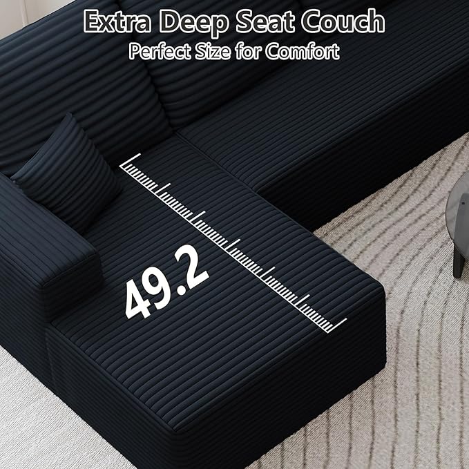 166.9 Cloud Sectional Couch with L-Shape Chaise Modern Modular 4-Seater Sofa with Deep Seat Corduroy Upholstered Couches for Living Room Bedroom No Assembly Required(Black Left Facing)