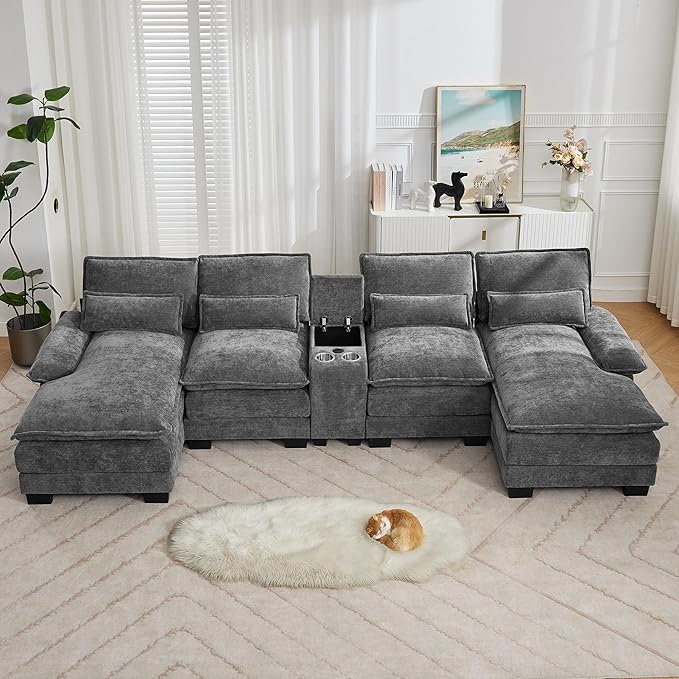 125'' U Shaped Cloud Modular Sofa Chenille Upholstered Comfy Sectional Couch with Storage Console USB Charging Ports &amp Cup Holders Modern Deep Seat Sofa for Living Room Grey