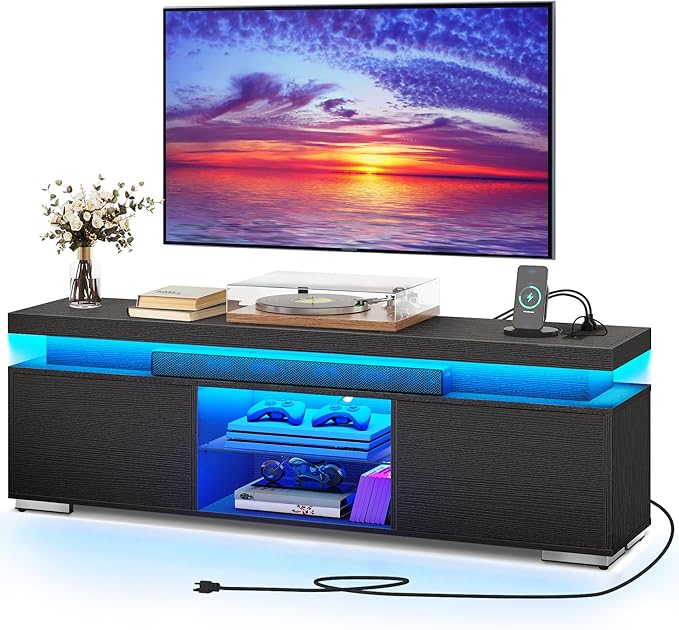 YITAHOME Black TV Stand for 65 inch TV Entertainment Center with Storage Modern LED TV Stand w/Power Outlets for Living Room TV Console Media Cabinet Black