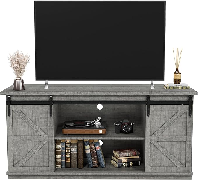 JUMMICO TV Stand for 65 Inch TV Entertainment Center with Storage Cabinets and Sliding Barn Doors Mid Century Modern Media TV Console Table for Living Room Bedroom (Pale Gray)
