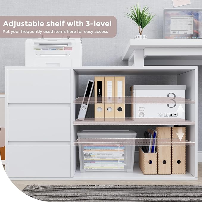 Home Office Computer Desk Corner Desk with 3 Drawers and 2 Shelves 53-inch L-Shaped Study Desk with Storage White