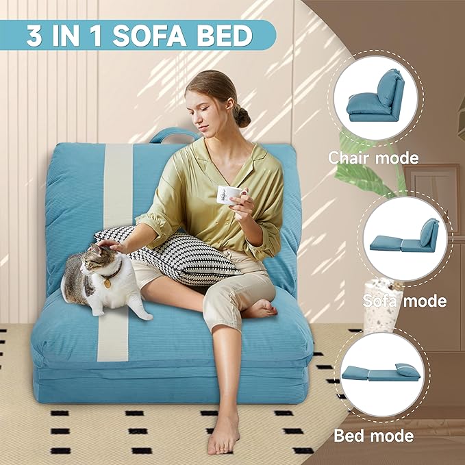 Folding Sofa Bed Set of 2 Convertible Floor Sofa with 6-Position Adjustable Backrest Metal Frame and Handle Futon Floor Couch for Dorm Bedroom Apartment Sky Blue