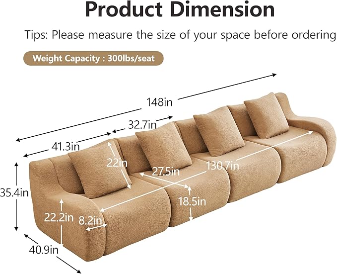 Oversized Modular Couches 148 Inch Sectional Boneless Sofa with Deep Seat 4 Seater Couches for Living Room Apartment No Assembly Required (Camel)