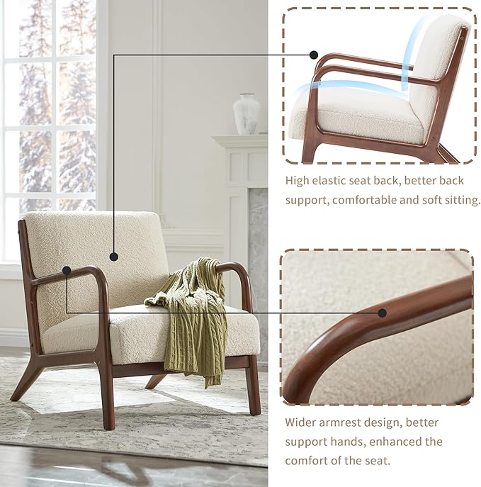 SILKIR Mid-Century Modern Accent Chair with Cushions Living Room Chair with Solid Wood Frame Lounge Chair Chair for Living Room Office Bedroom Lambswool White