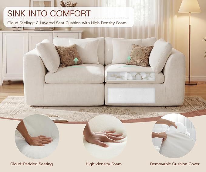 79'' Oversized Cloud Sectional Boneles Loveseat for Living Room Modern Big Compressed 2 Seater Couch with 2 Throw Pillows Comfy Chenille Deep Seat Memory Foam Spineless 2 Person Couch Beige | No As