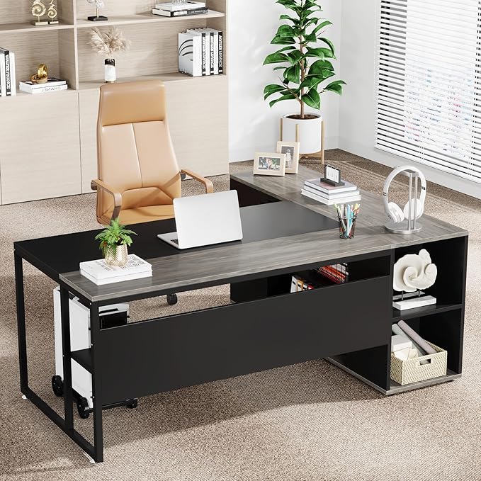 LITTLE TREE Large Executive Desk with File Cabinet 71 inch L Shaped Computer Desk Office Desk with Drawers and Storage Shelves Business Furniture Desk Workstation for Home Office Grey