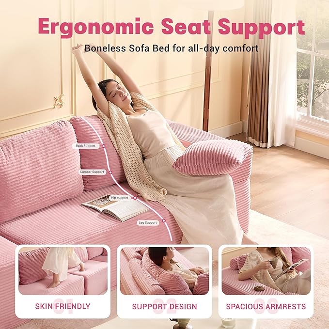 138 Modular Sofa Memory Foam Sectional Couches for Living Room Set of Sleeper Sofa Bed Corduroy Pink
