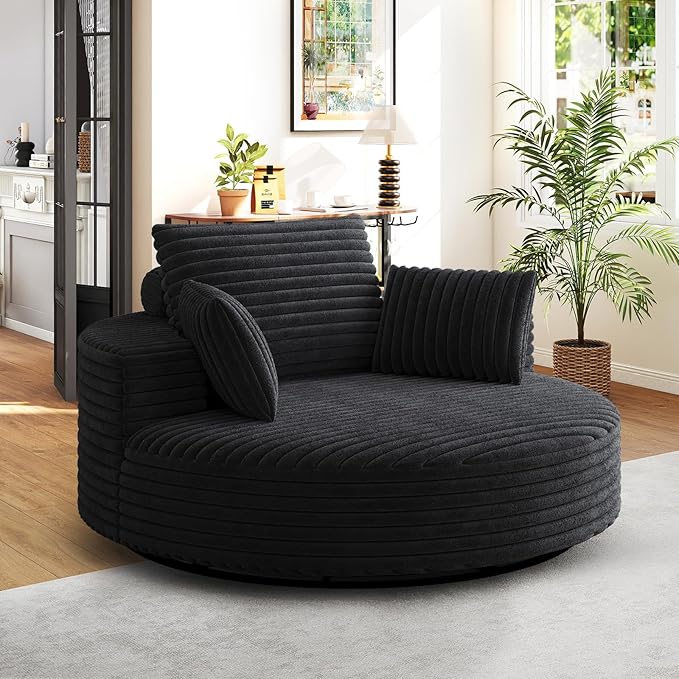 360-Degree Oversized Swivel Chair Modern Round Circle Corduroy Comfy Deep Seat Swivel Accent Chaise Lounge Sofa Chair with Back Cushion &amp 2 Throw Pillows for Living Room Bedroom Office Black