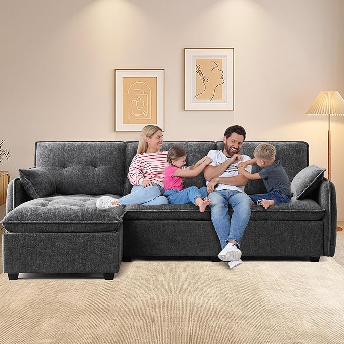 Oversized Modular Sectional Sofa with Ottoman 96.5'' 3 Seat Deep Seat Chenille Couch Convertible L Shaped Sofa with Pillows Comfy Seating Couch for Living Room Apartment Office (Grey)
