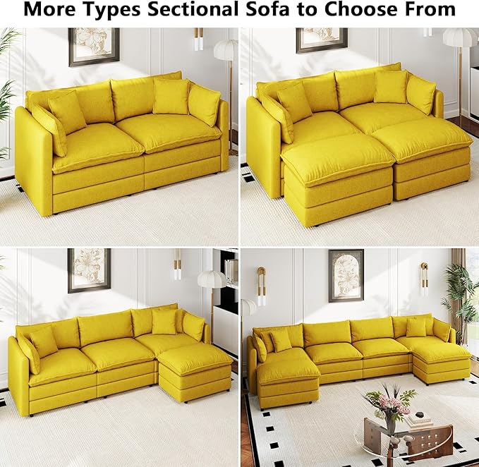 Aoowow Modular Sectional Sofa Modern Convertible L Shaped Couch111.5 Inch Deep 3-Seater Sofas Set Comfy Chenille Cloud Sofas and Couches with Movable Ottoman for Living Room Apartment（Yellow）