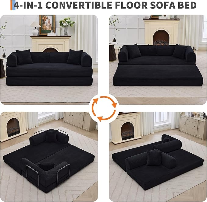 78'' Convertible Sleeper Sofa Bed4 in 1 Corduroy Boneless Couch with PillowsFolding Sectional Couch with Pull Out BedFloor Sofa Loveseat for Living RoomBedroomNo Assembly RequiredBlack
