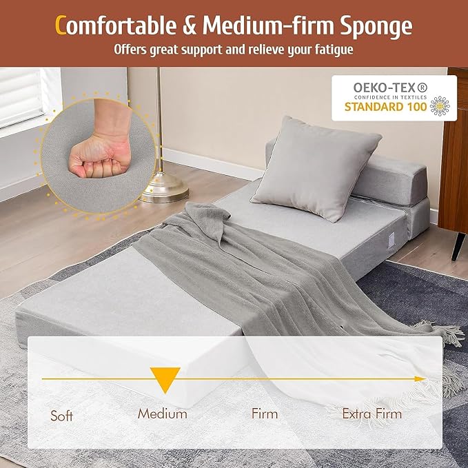 RELAX4LIFE Folding Sofa Bed Chair - 3-in-1 Convertible Couch Sleeper Floor Futon Couch w/Removable Cover &amp Full Padded Foam Fabric Guest Sleeper Chair for Living Room Study Apartment (Grey)
