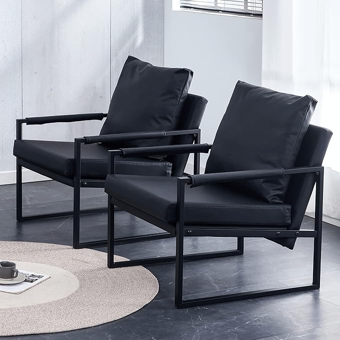 PU Leather Accent Arm Chair Mid Century Modern Upholstered Armchair with Metal Frame Extra-Thick Padded Backrest and Seat Cushion Sofa Chairs for Living Room (Black PU Leather + Metal Frame + Foam)