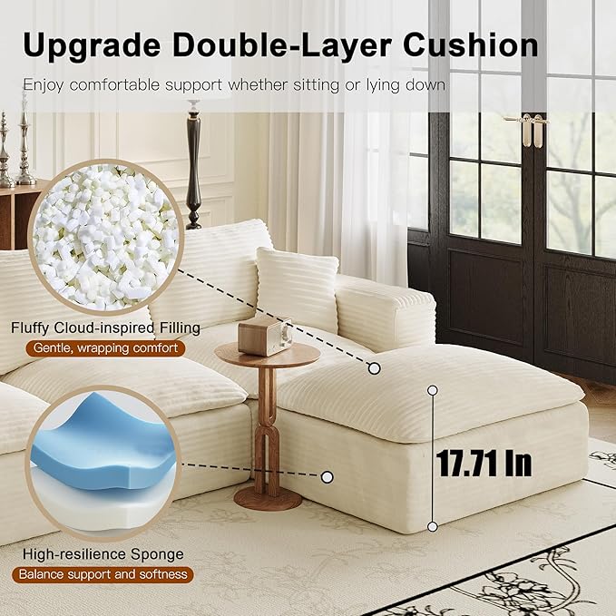 108'' Modular Sectional Sofa with Ottoman Corduroy Cloud Sectional Couches for Living Room High-Back Modern L Shaped Boneless Couch Deep Seat 3 Seater Sofa No Assembly Required Beige